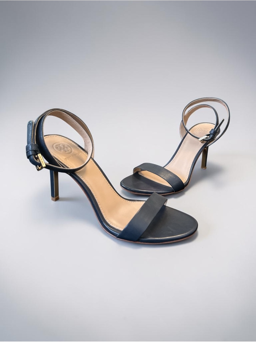 Tory Burch Black Leather Open-Toe Ankle-Strap Heels